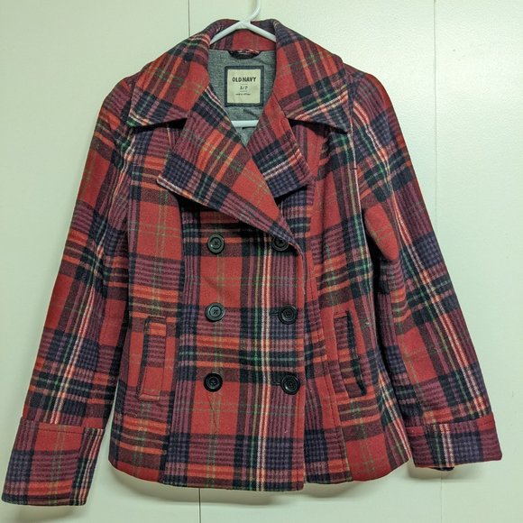 Old Navy Peacoat Jacket Double Breasted Plaid Red Buffalo Check Wool - Picture 1 of 10